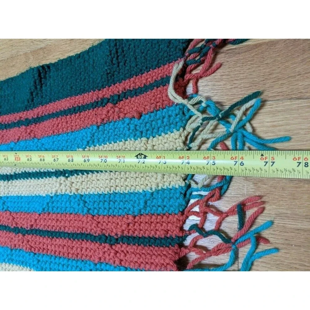 Handmade‎ Crochet Throw Blanket Afghan – Orange Yellow Green Striped w/ Fringe